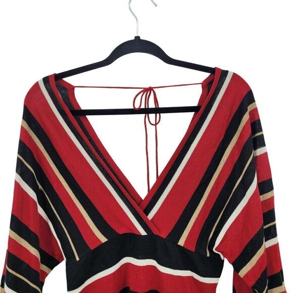 Vintage 90s Red Knit Top V-Neck Kimono Sleeve L Black Striped Empire Tie Back - Picture 9 of 10